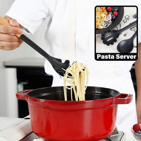 NCUE Kitchen Utensils Set, 6 Pcs Large Non-stick Silicone Cooking Utensils with Wooden Handle (Black)