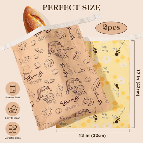 2 Pack Aofmee Reusable Beeswax Bread Bags for Homemade Bread, Sourdough Bread Bags, XL Natural Cotton Beeswax Bag