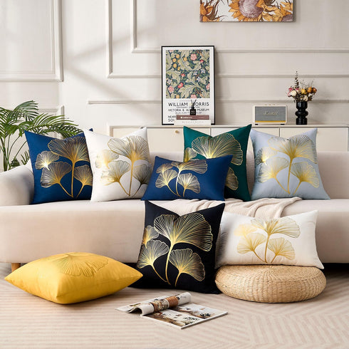 BONSTRAP 20x20 Set 2 Black Decorative Throw Pillow Covers Gold Line Ginkgo Cushion Covers Plant Leaf Velvet Modern