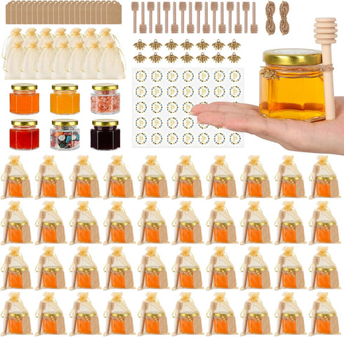 EkkoVla 48 Pack 2 oz Hexagon Mini Glass Honey Jars, Small Honey