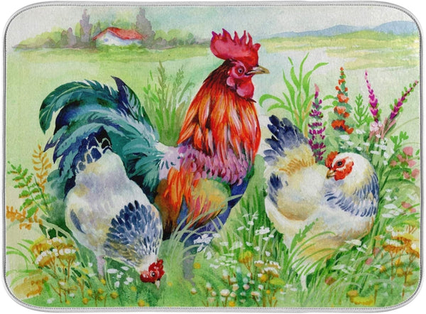 OREZI Absorbent Dish Drying Mat for Kitchen Counter, Chicken and Rooster Vintage Drying Mat, 18 x 24 Inches