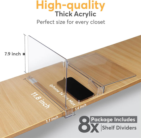 HOMY BLISS 8 Pack Closet 11x7.9 Inch Closet Acrylic Shelf Dividers for Acrylic Dividers for Shelves Clear Shelf