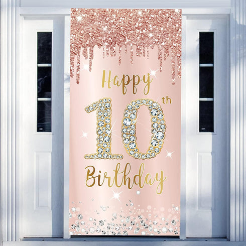 Happy 10th Birthday Door Banner Backdrop Decorations, Pink Rose Gold 10 Year Old Birthday Party Door Cover Sign Supplies