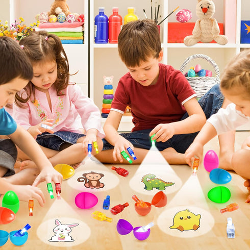 24Pcs Pre filled Easter Eggs with Egg Fillers Finger Lights, Easter Basket Stuffers for Teens Toddler Boys Girls