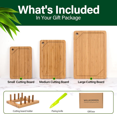 WILLKOMMEN Set 3, Set, Set Bamboo Cutting Board of Cutting Boards For Kitchen with Juice Groove, Bamboo Chopping Board