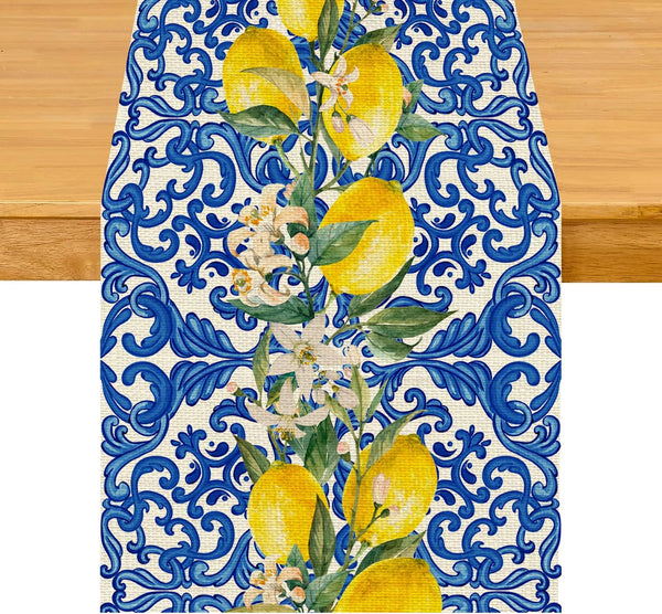 UEQIKI Blue Tiles Lemon Table Runner for Home Party Decorations Seasonal Summer Washable