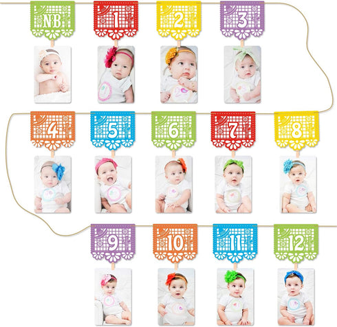 Kitticcino 1st Birthday Photo Banner, Papel Picado Mexican Fiesta Monthly Garland, Baby Newborn to 12 Months, Cino de