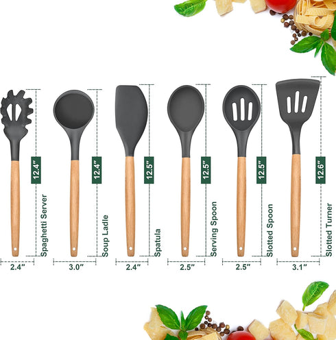 E-far Cooking Utensils Set of 6, Silicone Kitchen Utensils with Wooden Handle, Non-stick Cookware Friendly & Heat Resistant, Includes Spatula/Ladle/Slotted Turner/Serving Spoon/Spaghetti Server(Gray) by E-far