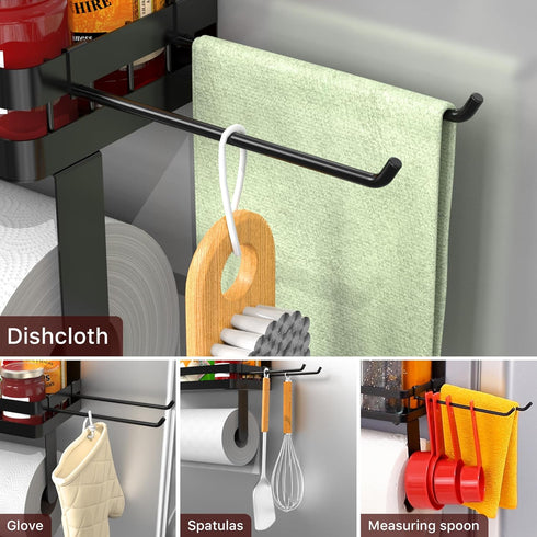 2 ZUNTO Magnetic Paper Towel Holder for Fridge, Black Kitchen Organizer with Towel Roll Holder, Spice Shelf and Hanging