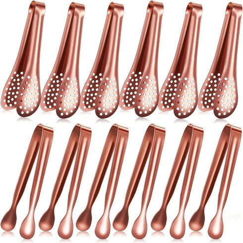 12 Pieces Mini Serving Tongs Set, Small Tongs for Appetizers, Ice Tongs, 5 Inch and 4 Inch, Rose Gold