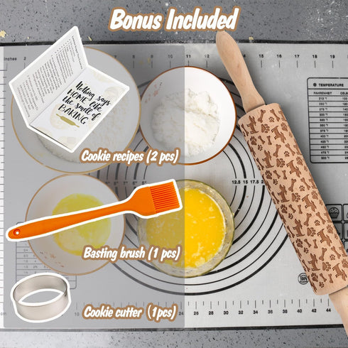 Embossed Rolling Pin for Baking with Dog Pattern - Wooden Engraved Dough Roller, Kitchen Decor Birthday Gifts
