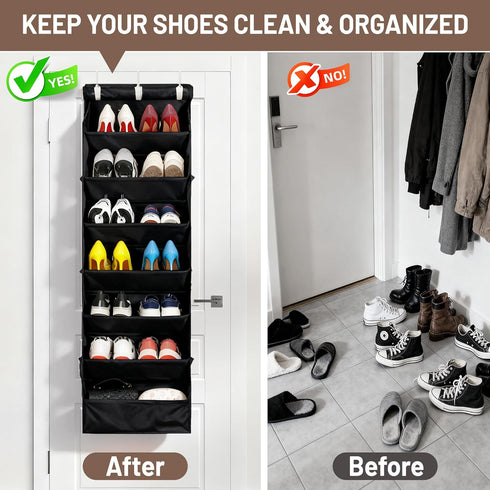 7 Closet 6 Tier Over The Door Shoe Organizer, Hanging Shoe Rack for with Dustproof Mesh Curtain & Side Pockets, Behind