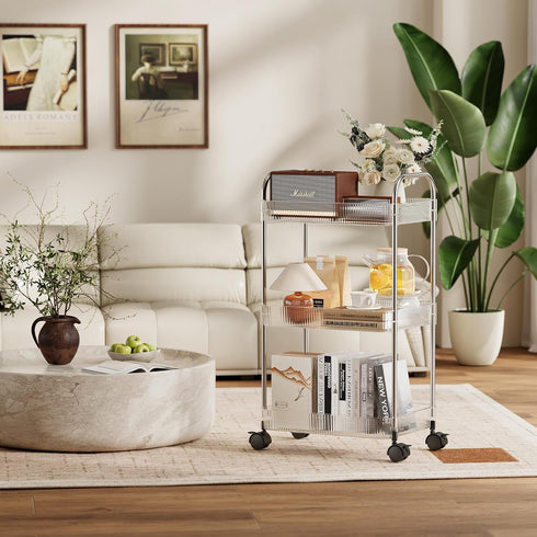 3 STARLATTA Tier Rolling Cart with Lockable Wheels, Clear Acrylic Utility Trolley with Handle, Heavy-Duty Storage
