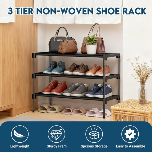 3 Closet, 28" LOFTEY Shoe Rack, Tier Non-Woven Shoe Shelf, Stackable Shoe Rack Organier for Front Door and Entryway