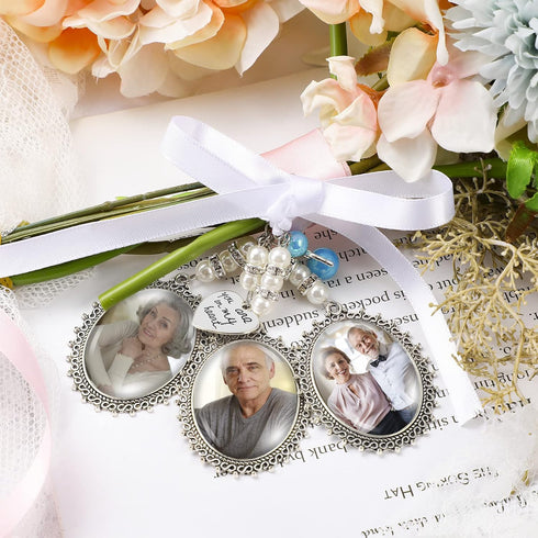Wedding Bouquet Charm - Bridal Lacy Oval Photo Charm for Wedding Memory, Memorial Bride Angel Pendant for Bridal Shower