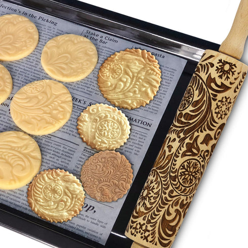 Embossed Rolling Pin for Baking, Cookie Embossing Rolling Pins with Flower Pattern, Wooden Engraved Dough Roller