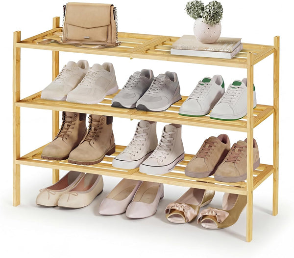 SONGMICS Bamboo Shoe Rack for Closet, Stackable Shoe Oragnizer with Modular Structure,