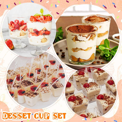 Funnymoom 300 Pack 5oz 3oz Clear Mini Plastic Dessert Cups with Spoons Square Slanted Parfait Appetizer Shooter Round