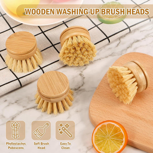 Abizarch 6pcs Bamboo Dish Brush Replacement Heads, Wooden Dish Brushes for Cleaning Kitchen Wood Dish Scrubbers Washing