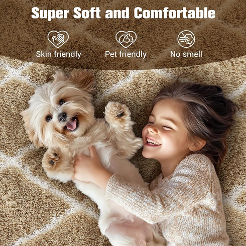 TOOHUB 8X10Feet Fluffy Rug for Bedroom, Stripe Checkered Rug Anti-Skid High Pile for Living Room Bedroom Kids Room