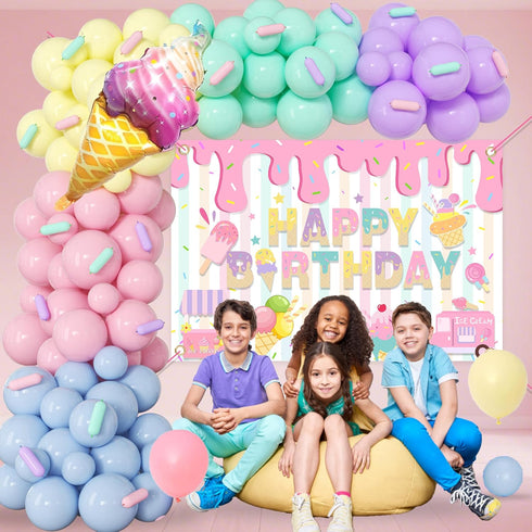 Ice Cream Themed Birthday Party Decorations for Girls, Balloon Garland Arch Kit with Happy Birthday Backdrop.