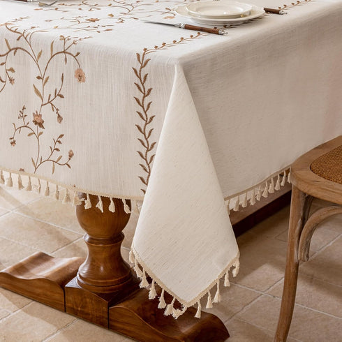 55''x 70'' Joyfol Day Linen Waterproof Tablecloth with Tassels, Rustic Farmhouse Flowers Embroidery Table Cloths