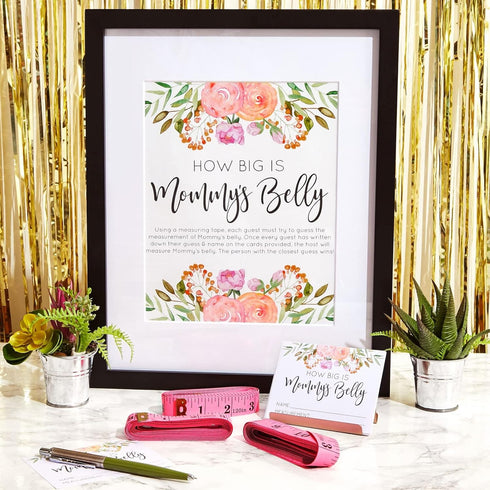 Sparkle and Bash Baby Shower Measuring Game, Pink 28-Piece Set with Guess Cards, Tapes & Sign for Moms