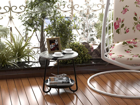 2 Tier Coffee Table in Living Room, Industrial Style Round Coffee Table with Metal Tray, Wood Small Outdoor Coffee