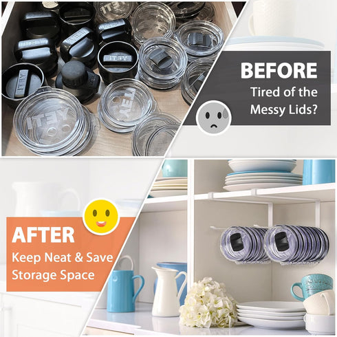 2 Pack 20 Tumbler Lid Organizer, Horizontal Tumbler Lid Storage Hook to Hold Up Lids, Space Saving Cup Lid Holders