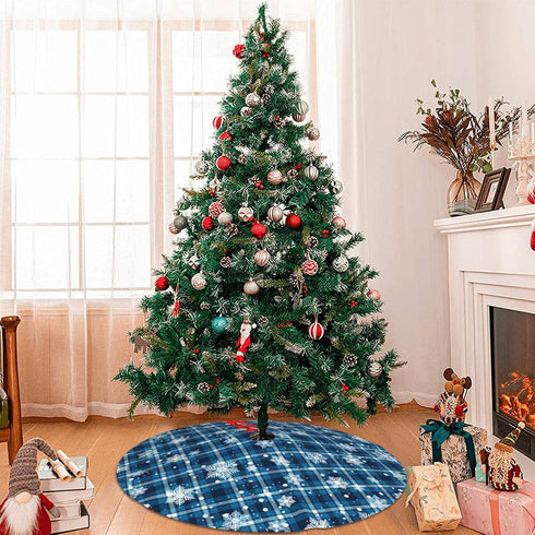 Christmas Tree Skirt, 48 inches Blue Buffalo Plaid with White Snowflake for Holiday Party Decorations
