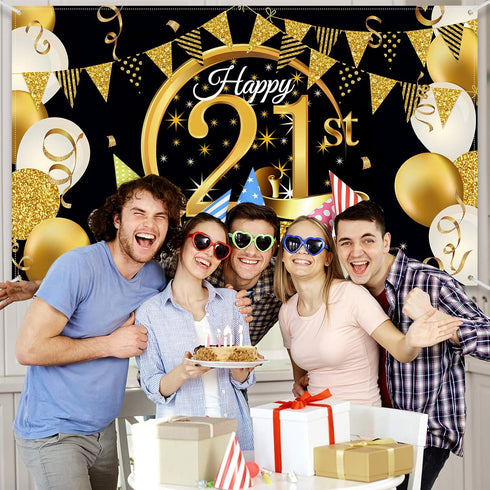 Birthday Party Decoration Extra Large Fabric Black Gold Sign Poster for Anniversary Photo Booth Background, 72.8 x 43.3