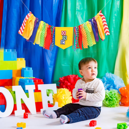 Jissoo Fabric,1st Letter Blocks One High Chair Banner - First Birthday Decorations, Nursery Rhyme Highchair Garland