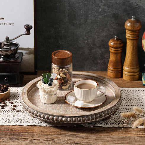 Counter Wooden Coffee Table Tray Decor, Round Decorative Tray Brown Beaded Distressed Rustic Farmhouse Centerpiece