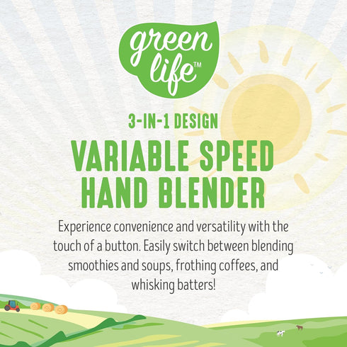 GreenLife 500-Watt Immersion Electric Handheld Stick Blender, Multi-Speed Control, with Whisk, Frother, Measuring Cup