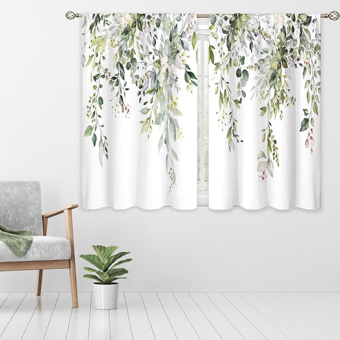 Eucalyptus Botanical Leaves Floral Kitchen Window Curtains over Sink Farmhouse Flower Leaf Small Window Treatment Sage Green Cafe Short Curtains for Bathroom Treatment Tier Drapes 26x36 inch