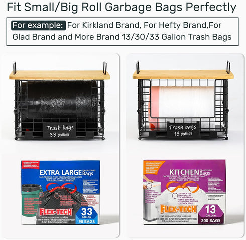 1 Pack Counter Stackable Storage Trash Bag Baskets with Bamboo Top, Large & Standard Trash, Garbage Bag Holder