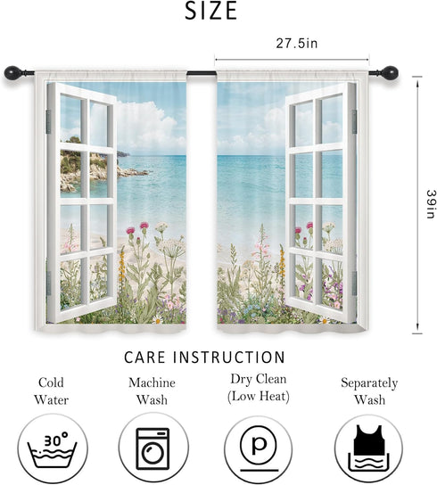 Riyidecor Ocean Beach Coastal Kitchen Curtains Short Small Hawaiian Floral Scenery Wildflower Plant Rod Pocket White Wooden Window Seascape Bedroom Living Room Treatment Fabric 2 Panels 27.5Wx39H Inch