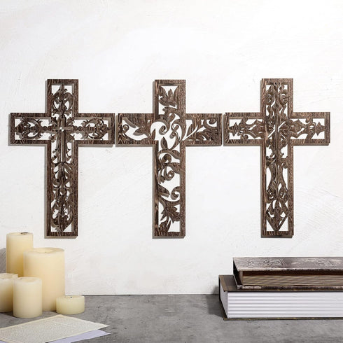 Yookeer 3 Pcs Wooden Cross Wall Decor - Handmade Antique Religious Brown Decorations for Home