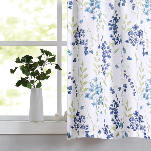 Blue Floral Print Tier Kitchen Curtains, 24 Inches Long, Watercolor Cafe Curtains, Set of 2, 28" W x 24" L