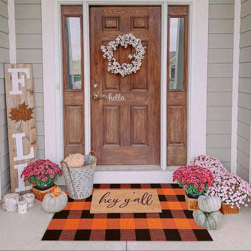 Fall Outdoor Rug, Orange Buffalo Plaid Cotton Hand-Woven Rug for Front Door/Porch/Farmhouse/Entryway (27.5'' x 43'')