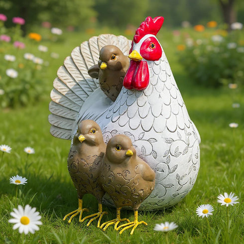 Elenon Sitting Mother Hen and Baby Chick Statue, Resin Farm Animal Decoration, Chicken Sculpture Yard Art Outdoor Lawn
