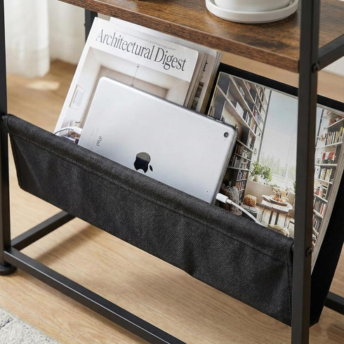 2-Tier Narrow End Table with Magazine Rack, Slim Side Table for Small Spaces, Industrial Nightstand with Storage Sling