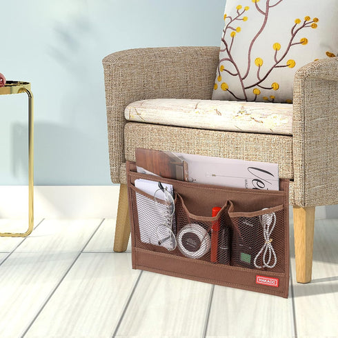 HAKACC Bedside Organizer with Hanging Pocket, Remote Holder for Bed Accessories, Brown