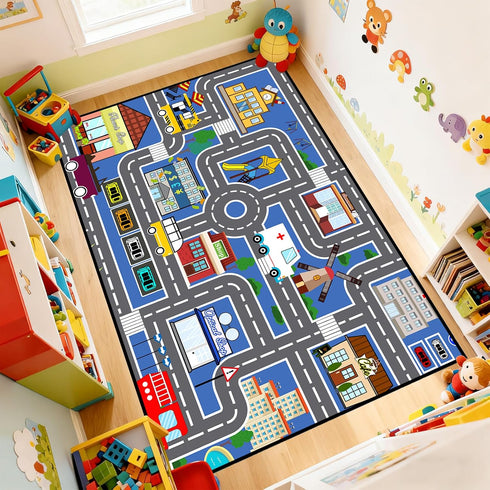 3'5' Car Track Rug Blue Road Rug for Kids, Car Traffic Road Play Mat for Kids Room Bedroom Decor
