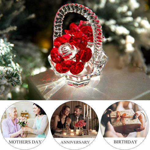 H&D HYALINE & DORA Crystal Red Rose Flower Basket, Collectible Figurines Ornaments for Home Decor Table Centerpiece