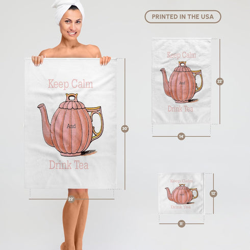 3D Rose Keep Calm and Drink Tea Hand Towel, Vintage Teapot Image, 15" x 22"