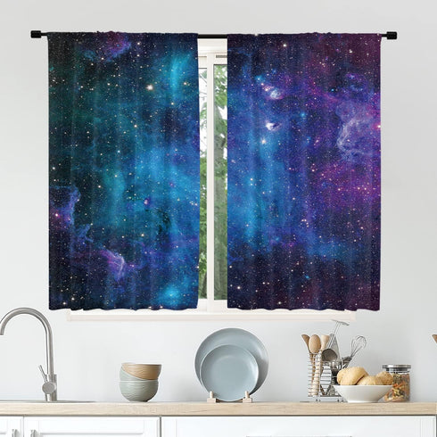 Cinbloo Galaxy Kitchen Curtains, Out Space Wall Art Rod Pocket 27.5W x 39L Inch, Blue Nebula Universe Room Decor for