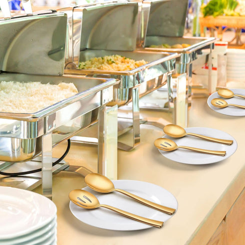 LIANYU 2 Gold Serving Spoons, 2 Gold Slotted Spoons, 2 Gold Serving Forks, 8.6 Inch Stainless Steel for Buffet Catering