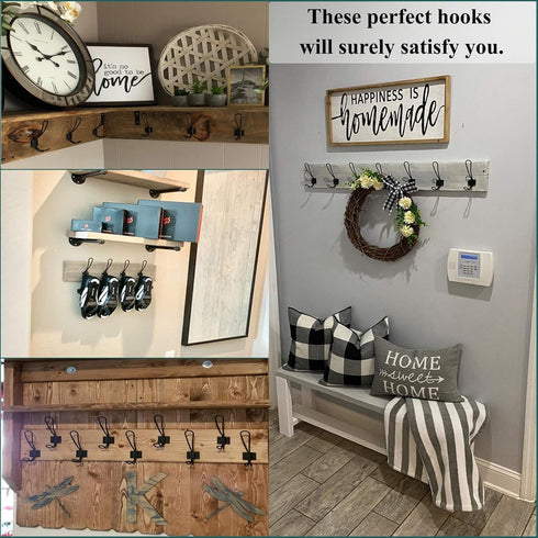 Rustic Entryway Hooks - 12 Pack Farmhouse Hooks with Metal Screws, Black Decorative Wall Mounted Coat Rack