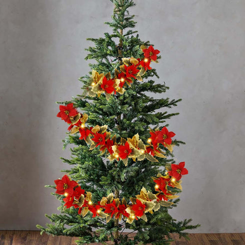 Glintoper Christmas Poinsettia Garland - 5.9 FT Lighted Artificial Garland with 36 Red Flowers, Battery Operated